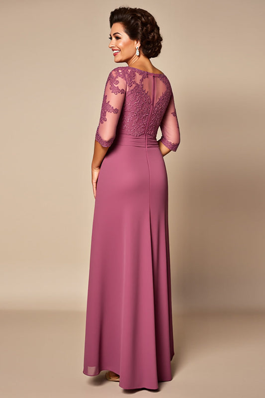 Desert Rose Chiffon Illusion Neck Long Mother of the Bride Dress with Sleeves