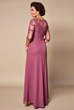 Desert Rose Chiffon Illusion Neck Long Mother of the Bride Dress with Sleeves
