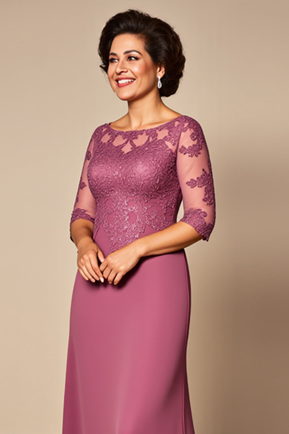 Desert Rose Chiffon Illusion Neck Long Mother of the Bride Dress with Sleeves