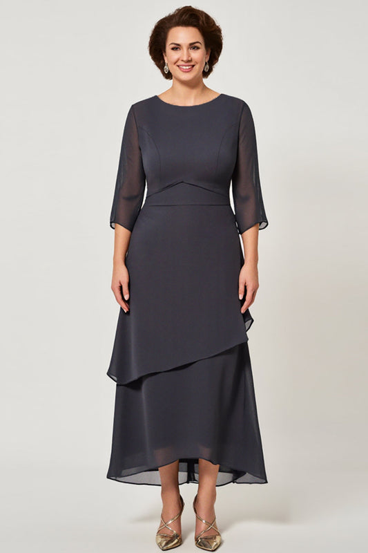 Steel Grey Chiffon Tiered Long Scoop Mother of the Bride Dress with Sleeves