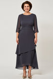 Steel Grey Chiffon Tiered Long Scoop Mother of the Bride Dress with Sleeves