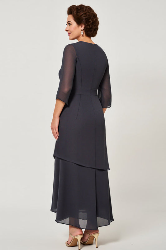 Steel Grey Chiffon Tiered Long Scoop Mother of the Bride Dress with Sleeves
