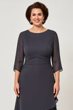 Steel Grey Chiffon Tiered Long Scoop Mother of the Bride Dress with Sleeves