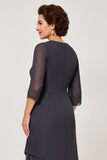 Steel Grey Chiffon Tiered Long Scoop Mother of the Bride Dress with Sleeves