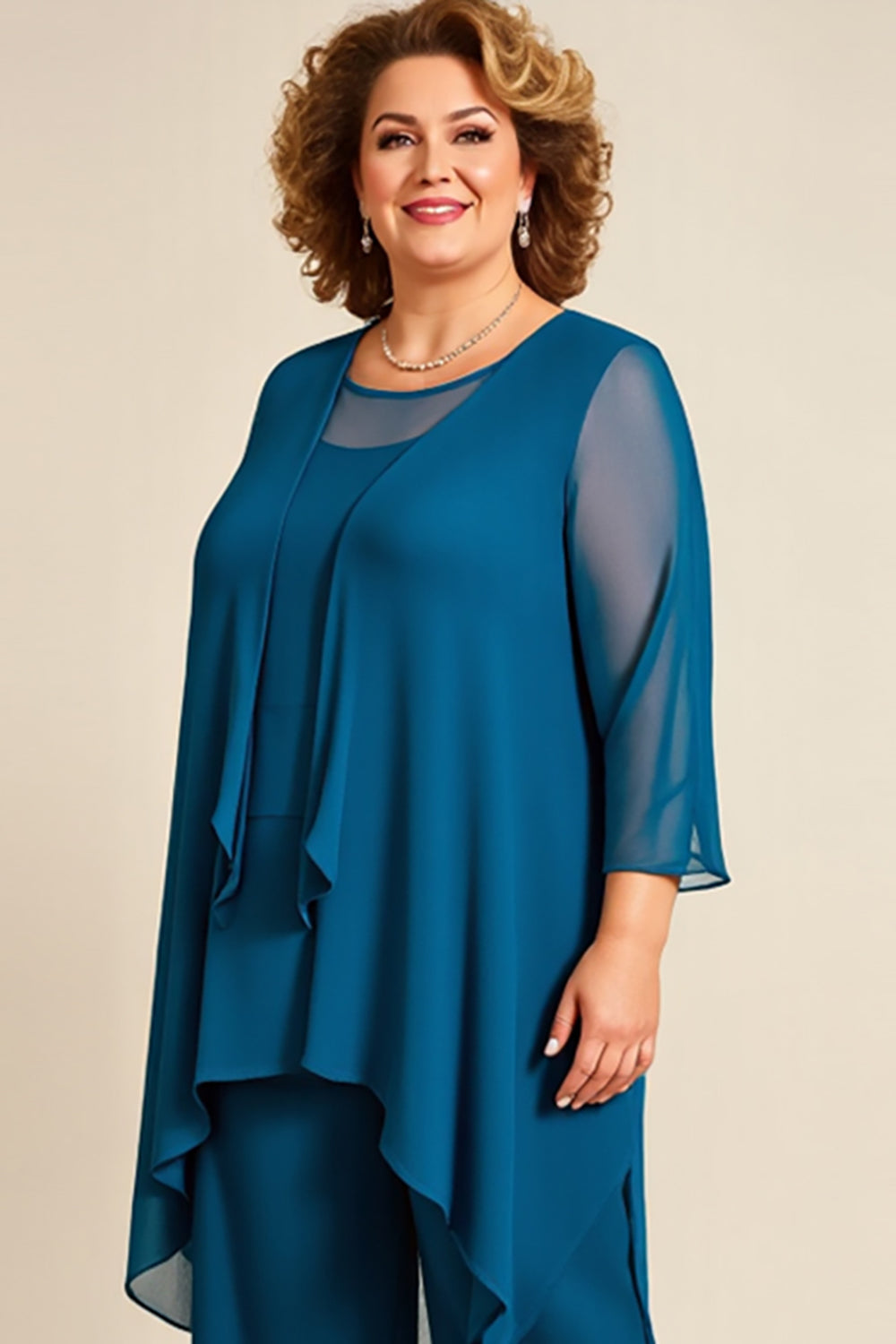 Ink Blue Chiffon Plus Size Long Mother of the Bride Pantsuit