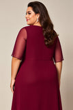 Burgundy Chiffon Boat Neck Plus Size Mother of the Bride Dress with Sleeves