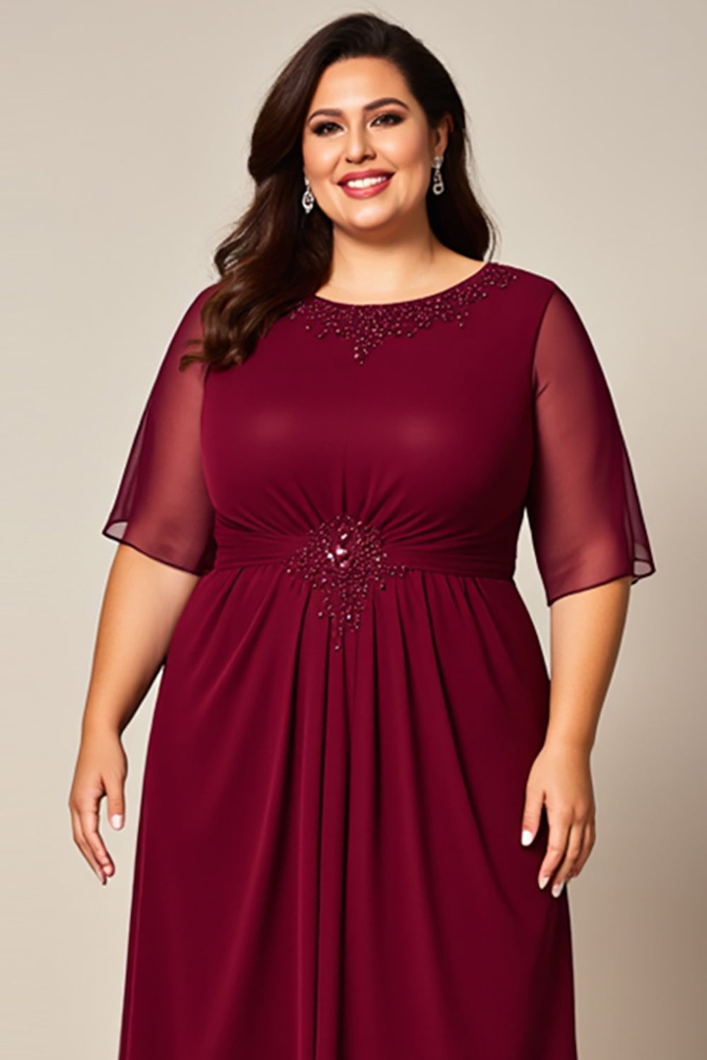 Burgundy Chiffon Boat Neck Plus Size Mother of the Bride Dress with Sleeves