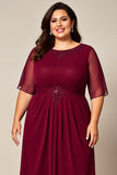 Burgundy Chiffon Boat Neck Plus Size Mother of the Bride Dress with Sleeves
