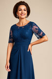 Navy Chiffon A Line Long Scoop Neck Mother of the Bride Dress