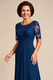 Navy Chiffon A Line Long Scoop Neck Mother of the Bride Dress