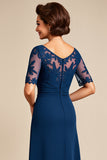 Navy Chiffon A Line Long Scoop Neck Mother of the Bride Dress