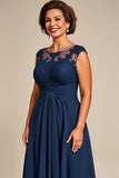Navy Chiffon A Line Illusion Boat Neck Long Mother of the Bride Dress