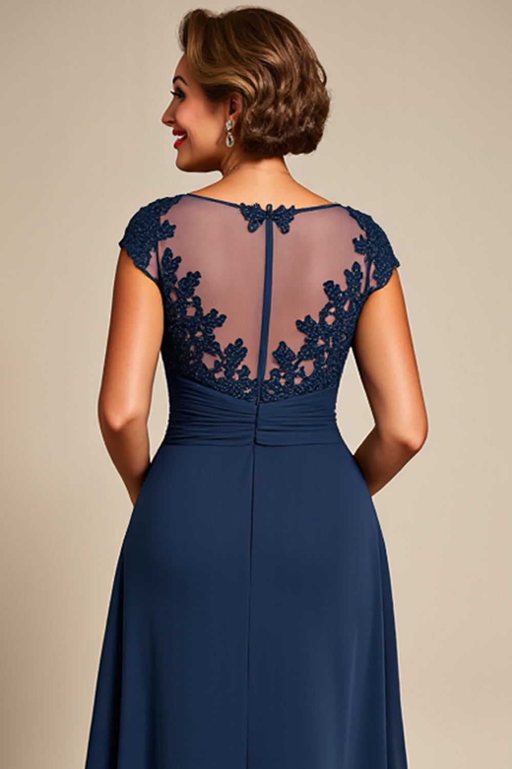 Navy Chiffon A Line Illusion Boat Neck Long Mother of the Bride Dress