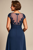 Navy Chiffon A Line Illusion Boat Neck Long Mother of the Bride Dress