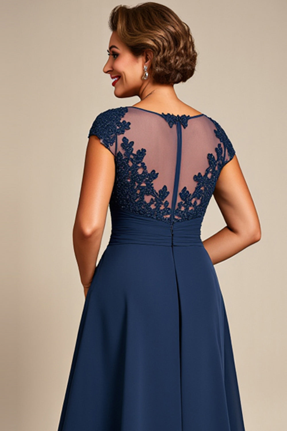 Navy Chiffon A Line Illusion Boat Neck Long Mother of the Bride Dress
