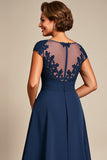Navy Chiffon A Line Illusion Boat Neck Long Mother of the Bride Dress
