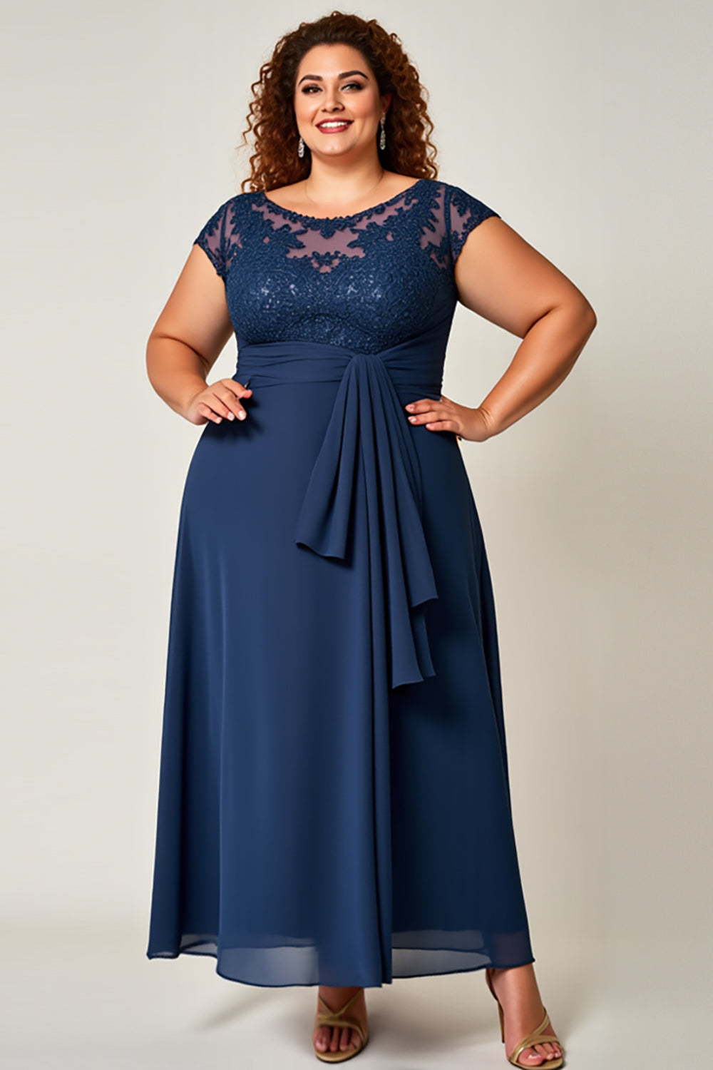 Navy Plus Size Chiffon Illusion Neck Long Mother of the Bride Dress
