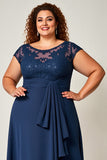 Navy Plus Size Chiffon Illusion Neck Long Mother of the Bride Dress