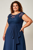 Navy Plus Size Chiffon Illusion Neck Long Mother of the Bride Dress