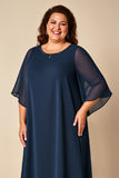 Navy Chiffon Plus Size Scoop Neck Loose Mother of the Bride Dress