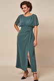Grey Blue Chiffon Long Scoop Neck Mother of the Bride Dress with Slit