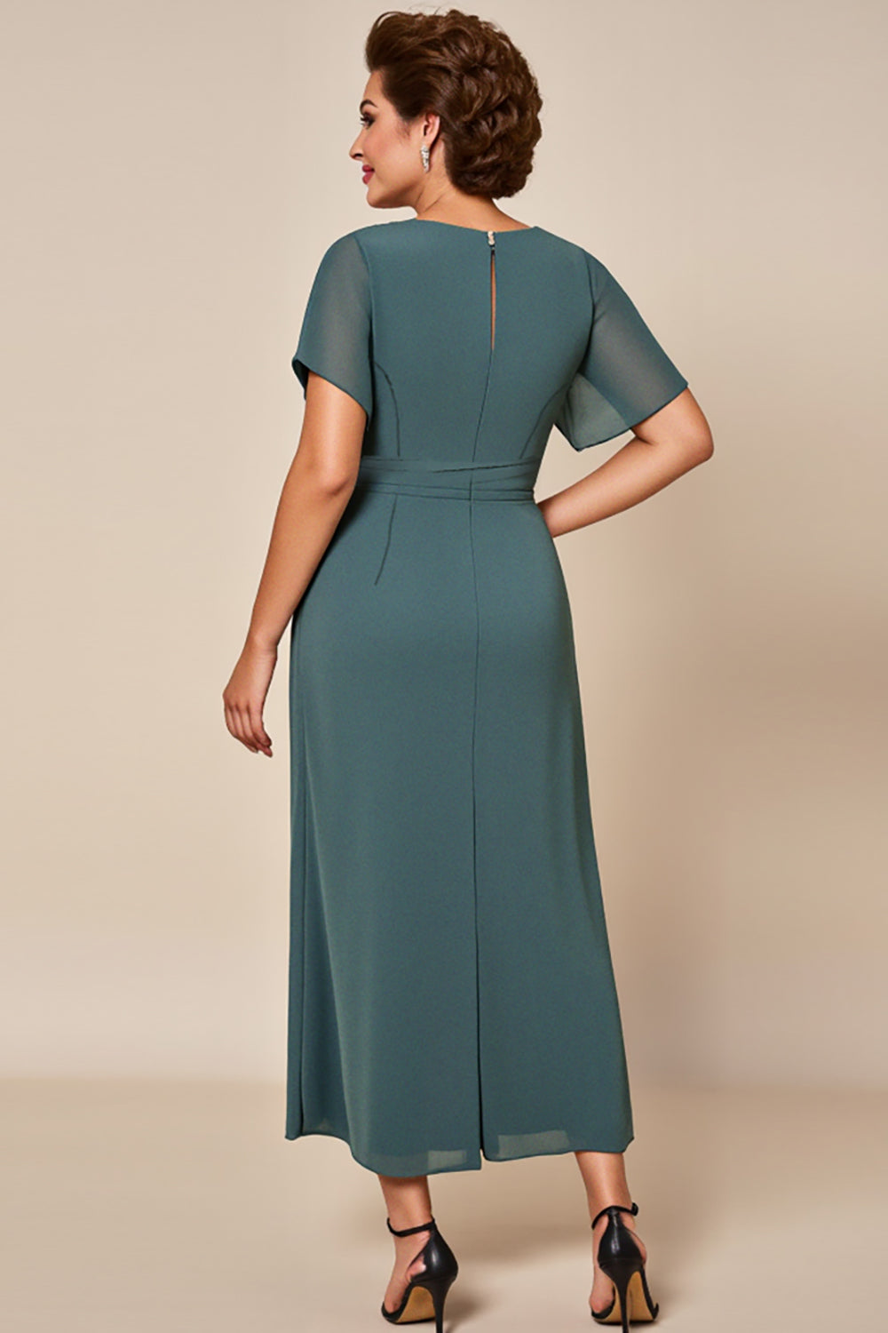 Grey Blue Chiffon Long Scoop Neck Mother of the Bride Dress with Slit