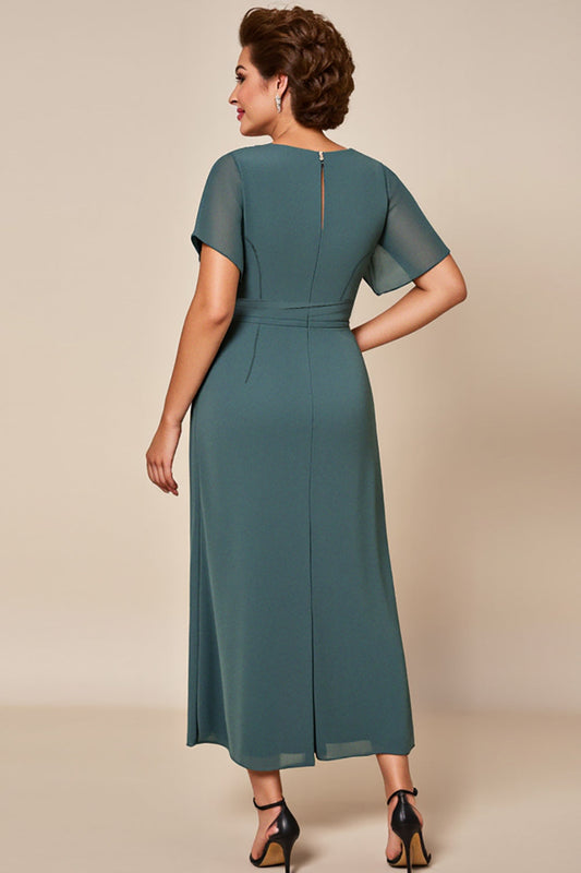 Grey Blue Chiffon Long Scoop Neck Mother of the Bride Dress with Slit