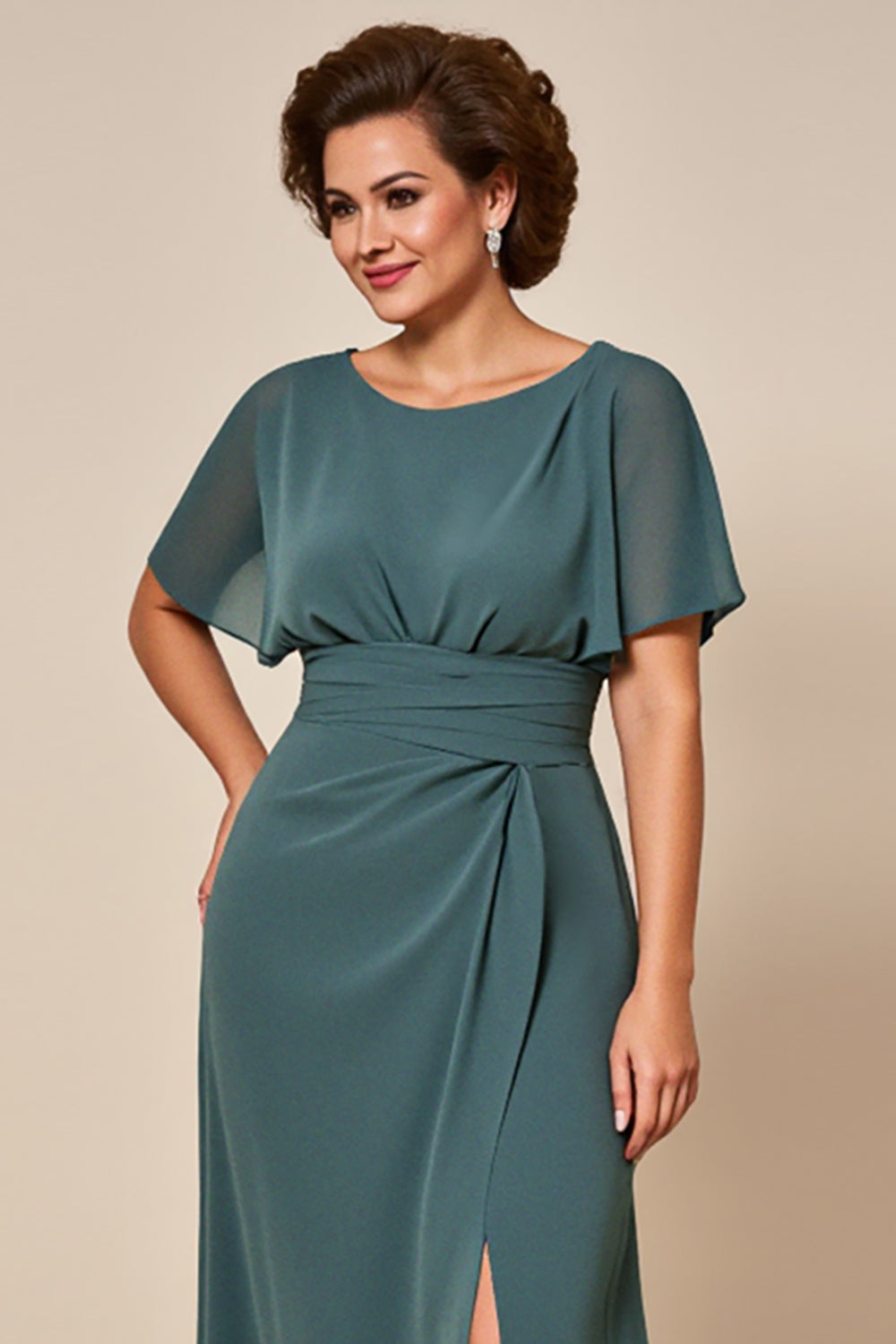 Grey Blue Chiffon Long Scoop Neck Mother of the Bride Dress with Slit