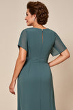 Grey Blue Chiffon Long Scoop Neck Mother of the Bride Dress with Slit