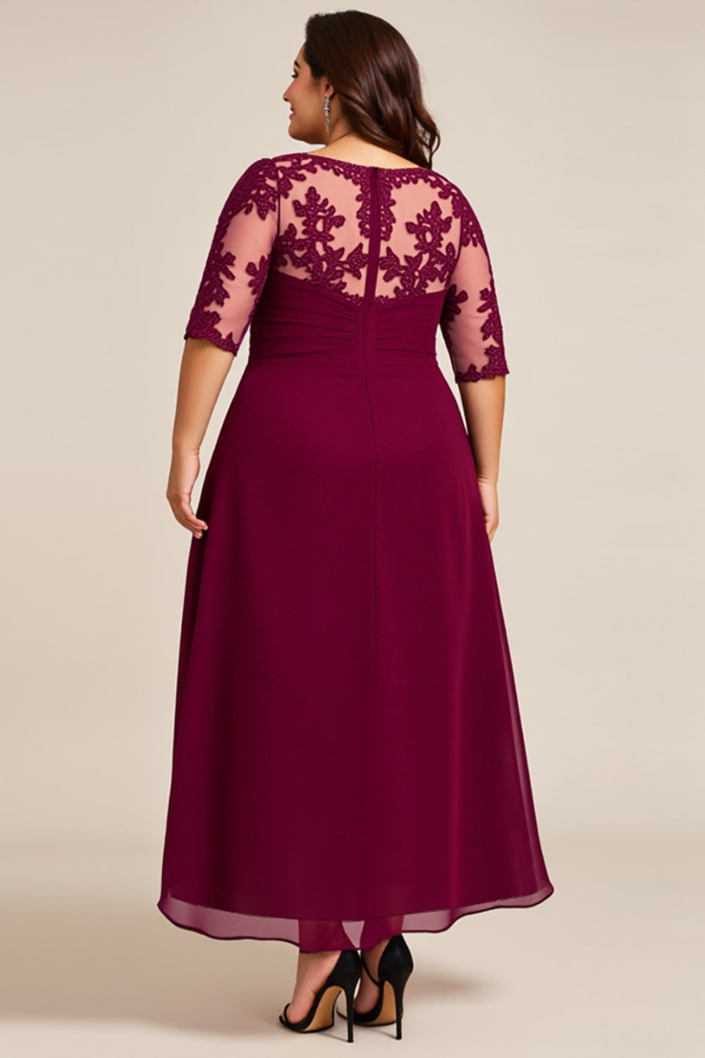 Burgundy Appliqued Chiffon Plus Size Mother of the Bride Dress with Sleeves