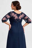 Navy Plus Size Chiffon Illusion Neck Long Mother of the Bride Dress