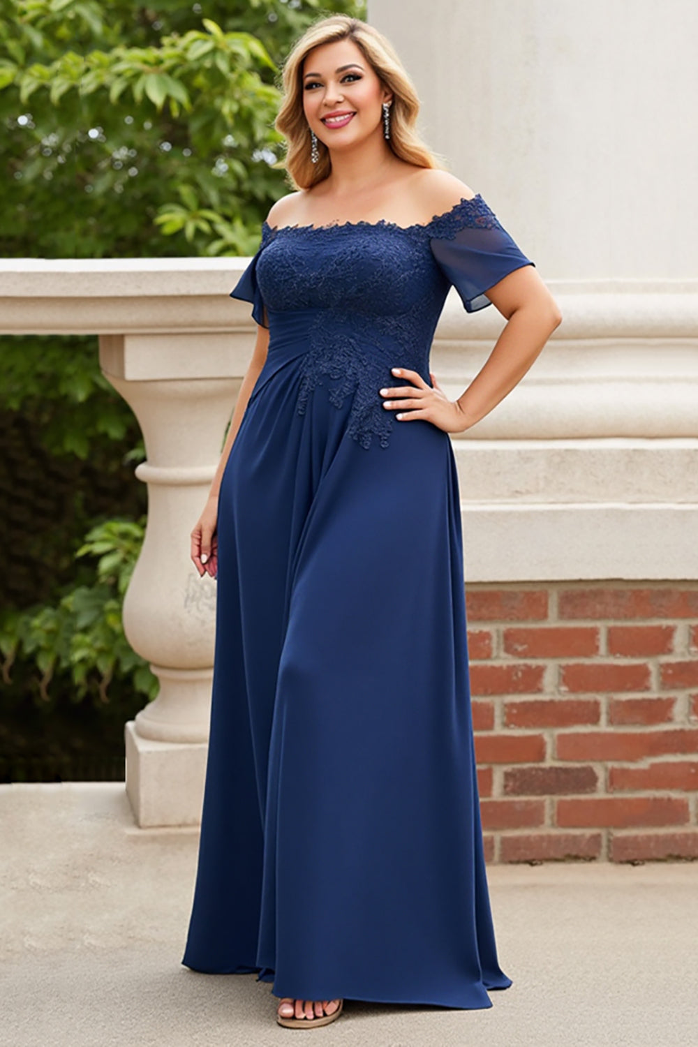 Navy Off the Shoulder Plus Size Long Chiffon Mother of the Bride Dress