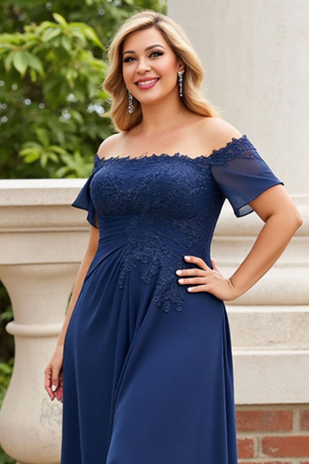 Navy Off the Shoulder Plus Size Long Chiffon Mother of the Bride Dress