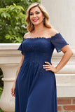 Navy Off the Shoulder Plus Size Long Chiffon Mother of the Bride Dress