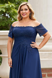 Navy Off the Shoulder Plus Size Long Chiffon Mother of the Bride Dress
