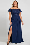 Navy Plus Size Off the Shoulder Long Mother of the Bride Dress with Slit