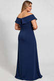 Navy Plus Size Off the Shoulder Long Mother of the Bride Dress with Slit
