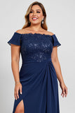 Navy Plus Size Off the Shoulder Long Mother of the Bride Dress with Slit