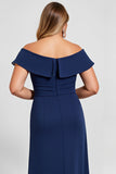 Navy Plus Size Off the Shoulder Long Mother of the Bride Dress with Slit
