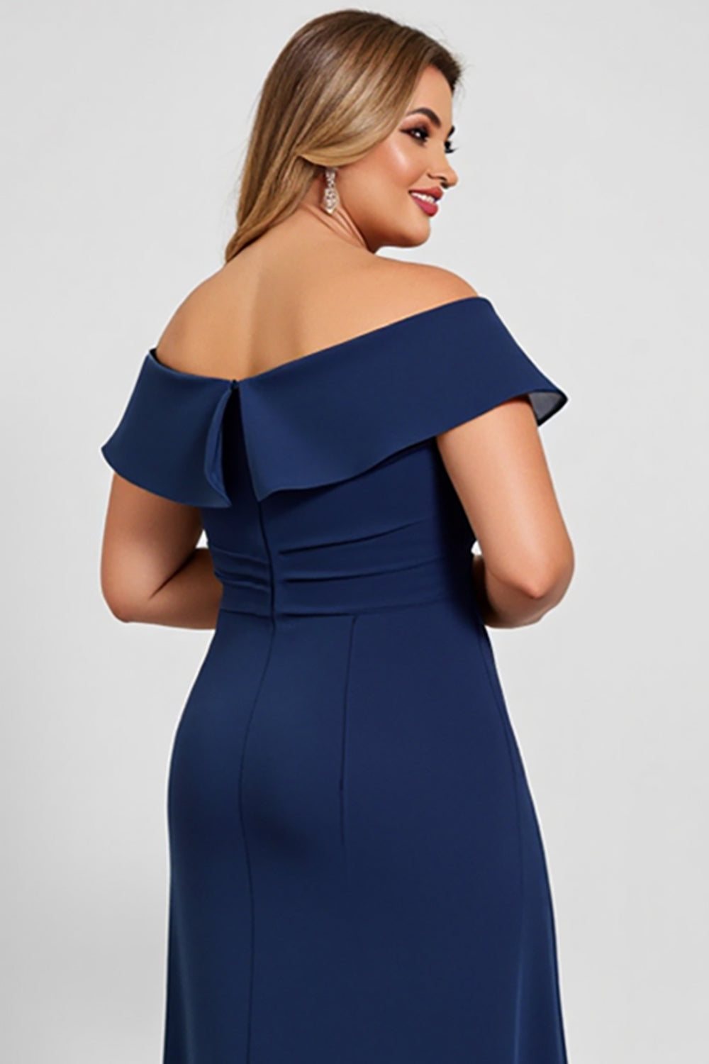 Navy Plus Size Off the Shoulder Long Mother of the Bride Dress with Slit
