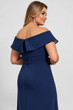 Navy Plus Size Off the Shoulder Long Mother of the Bride Dress with Slit