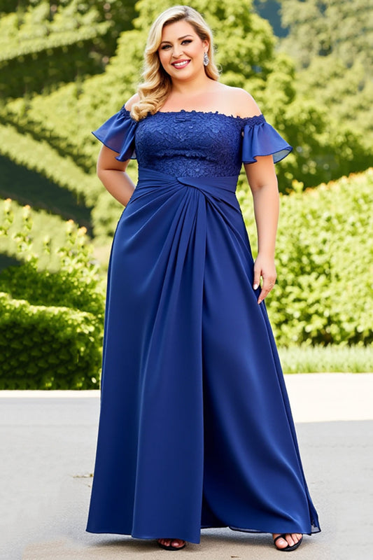 Navy Chiffon Plus Size Long Off the Shoulder Mother of the Bride Dress