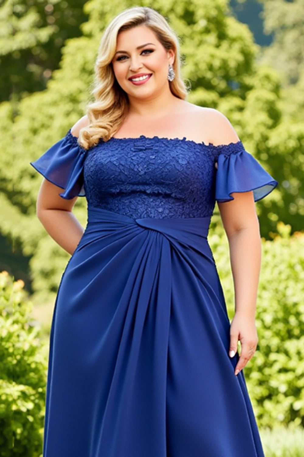 Navy Chiffon Plus Size Long Off the Shoulder Mother of the Bride Dress