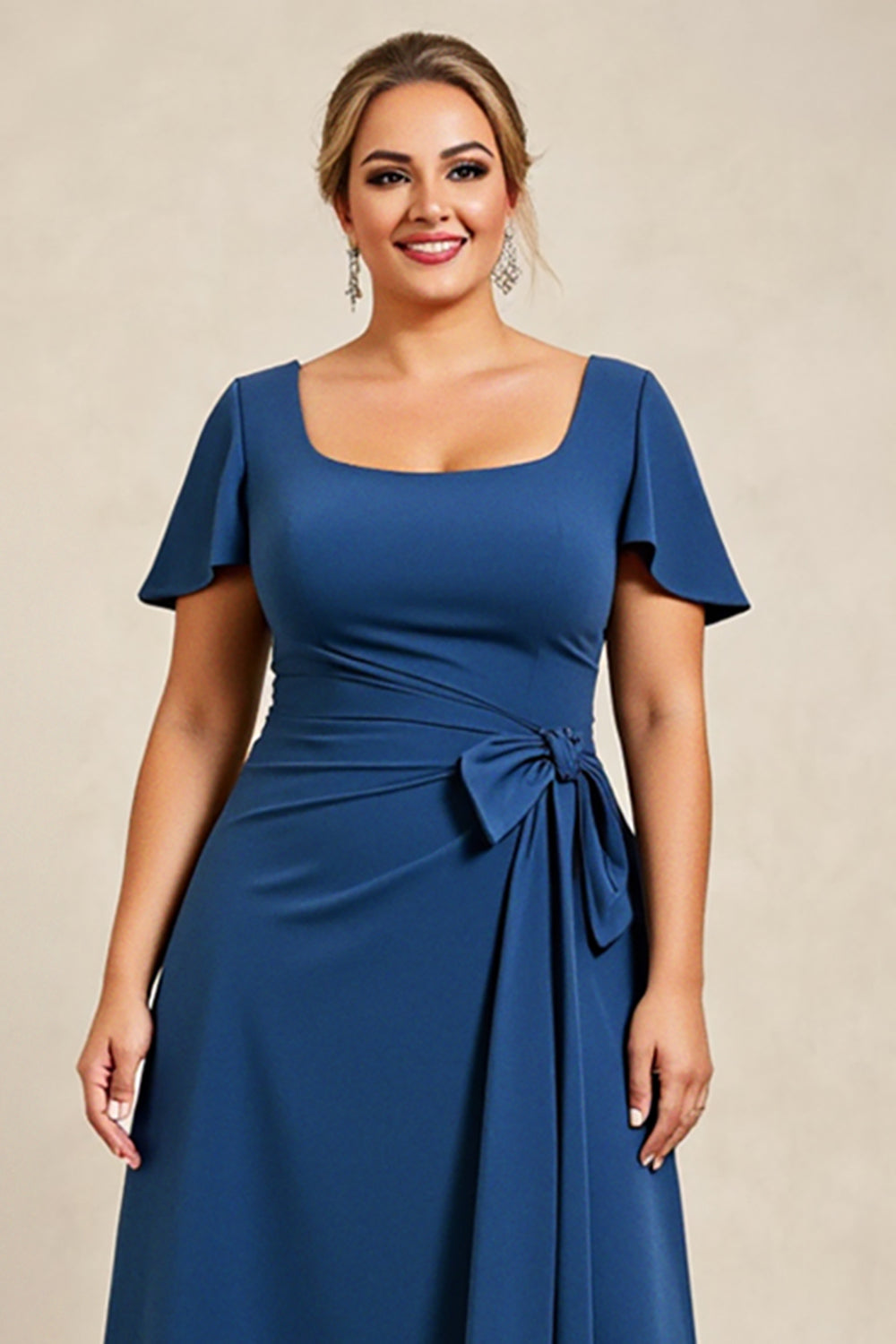 Ink Blue Square Neck Plus Size Long Mother of the Bride Dress with Sleeves