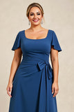 Ink Blue Square Neck Plus Size Long Mother of the Bride Dress with Sleeves