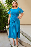 Blue Chiffon Sheath Plus Size Tea-Length Mother of the Bride Dress with Ruffles