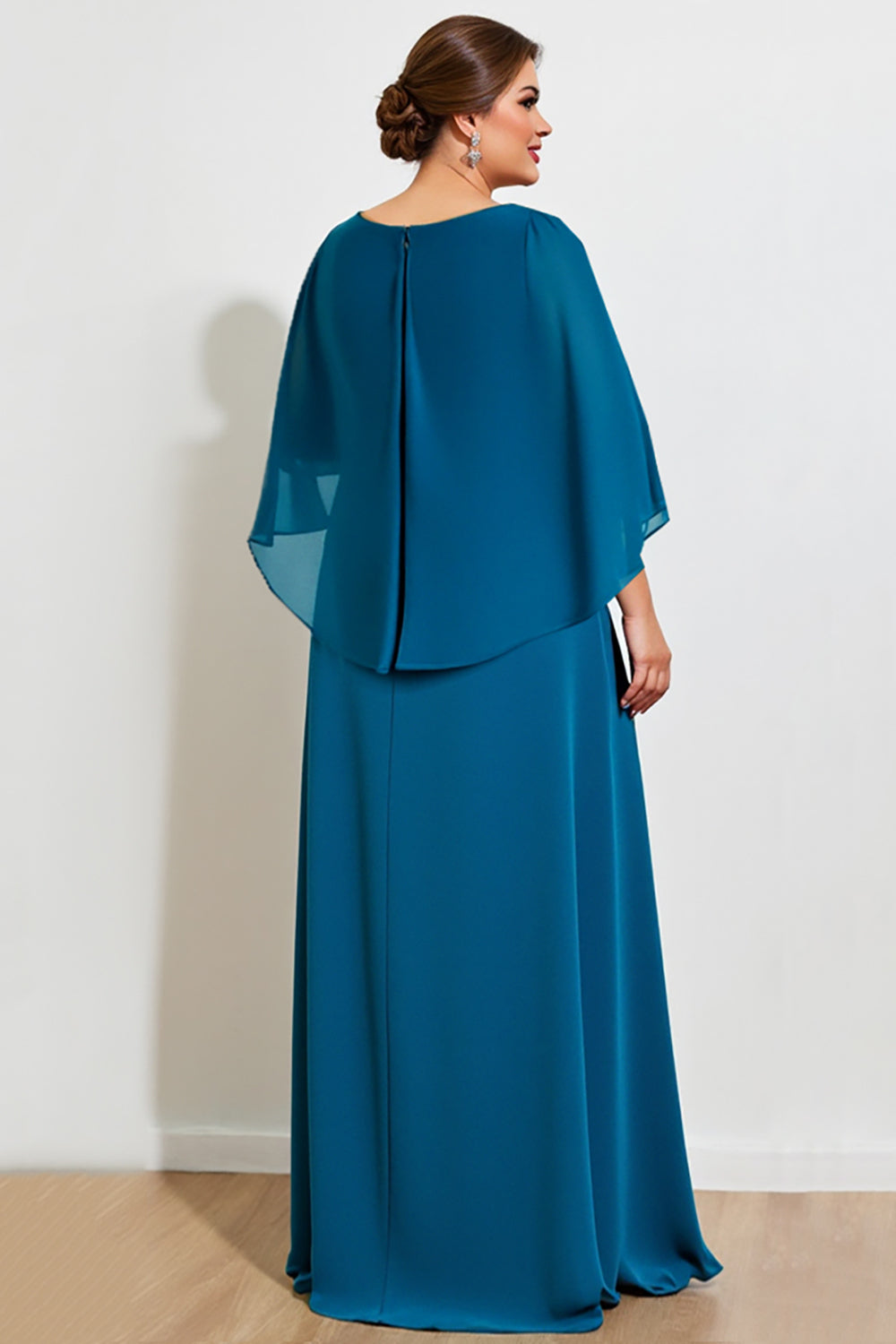 Peacock Chiffon Long Plus Size Mother of the Bride Dress with Cape