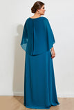 Peacock Chiffon Long Plus Size Mother of the Bride Dress with Cape