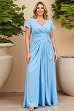 Sky Blue V Neck Plus Size Ruched Mother of the Bride Dress with Sleeves