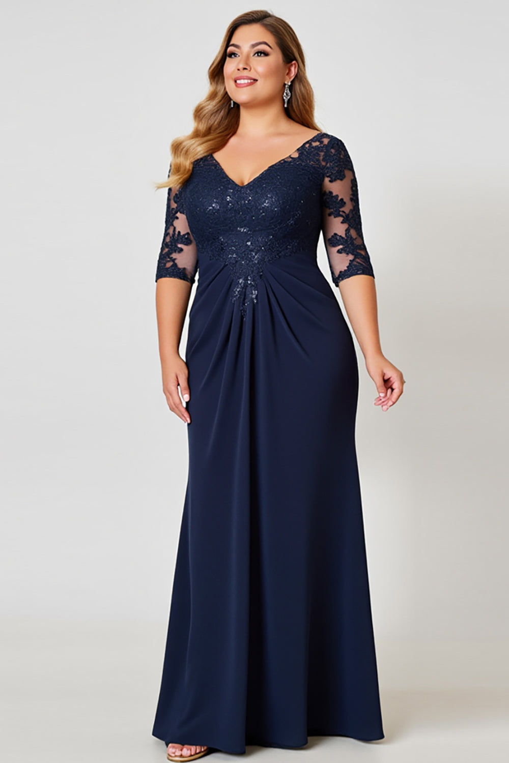 Navy Plus Size V Neck Chiffon Long Mother of the Bride Dress with Sleeves